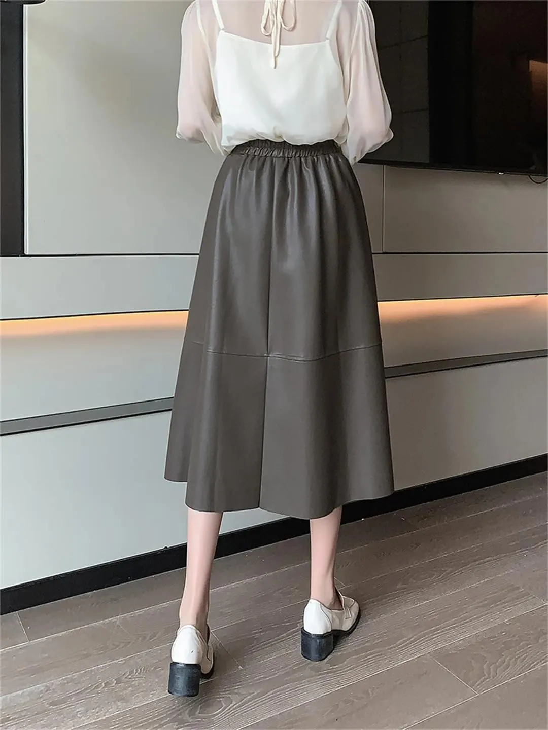 Women Elegant Soft PU Leather High Waist Loose Office Black Midi A-Line Skirts