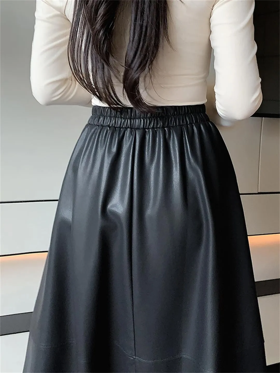 Women Elegant Soft PU Leather High Waist Loose Office Black Midi A-Line Skirts