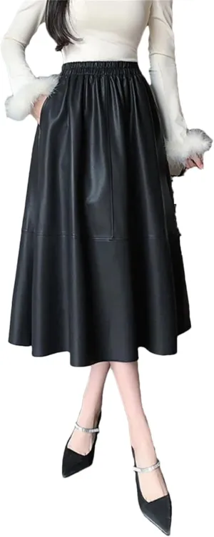 Women Elegant Soft PU Leather High Waist Loose Office Black Midi A-Line Skirts