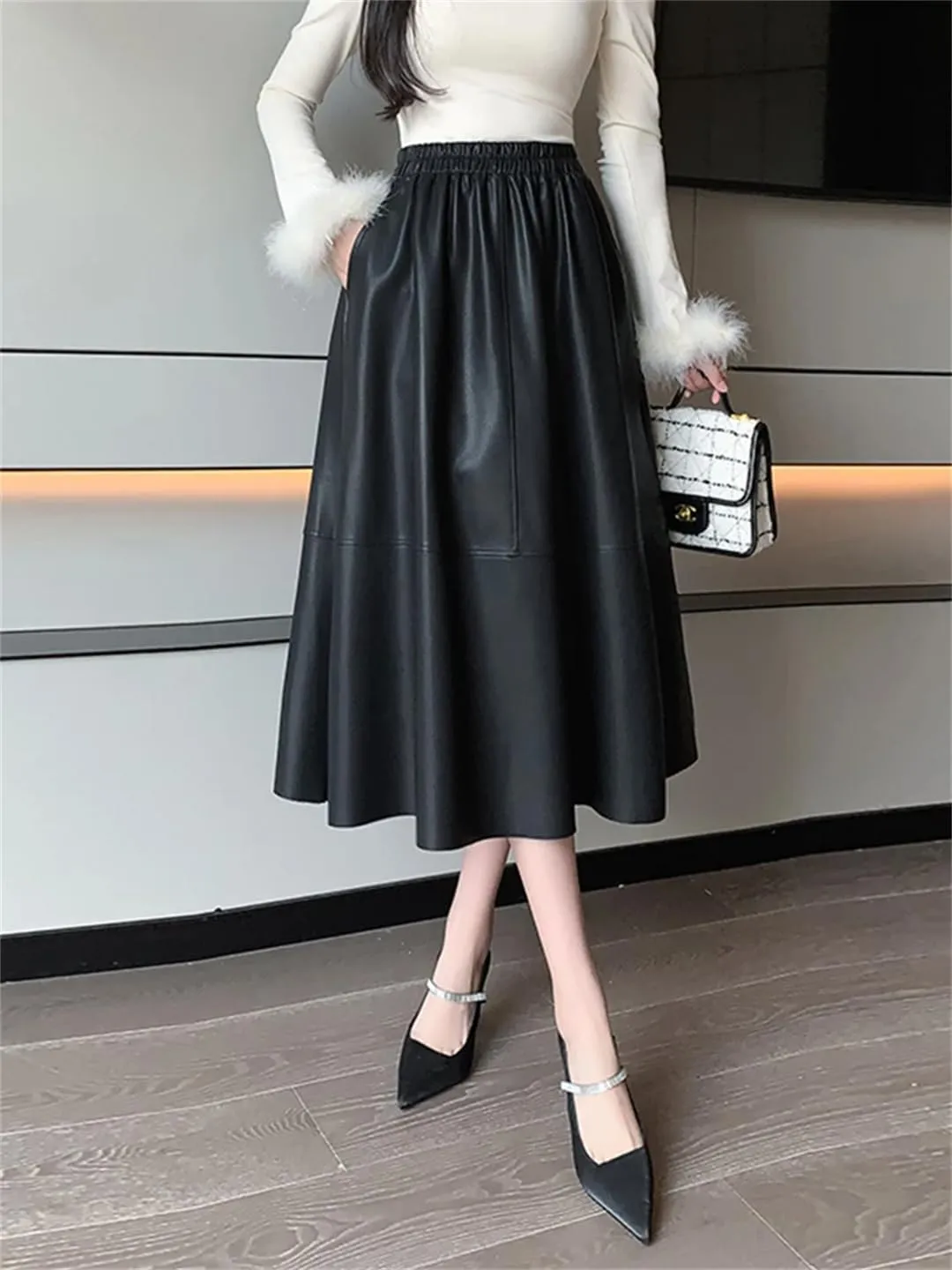 Women Elegant Soft PU Leather High Waist Loose Office Black Midi A-Line Skirts