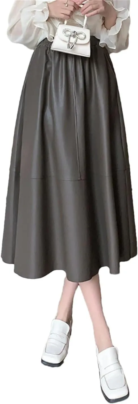 Women Elegant Soft PU Leather High Waist Loose Office Black Midi A-Line Skirts