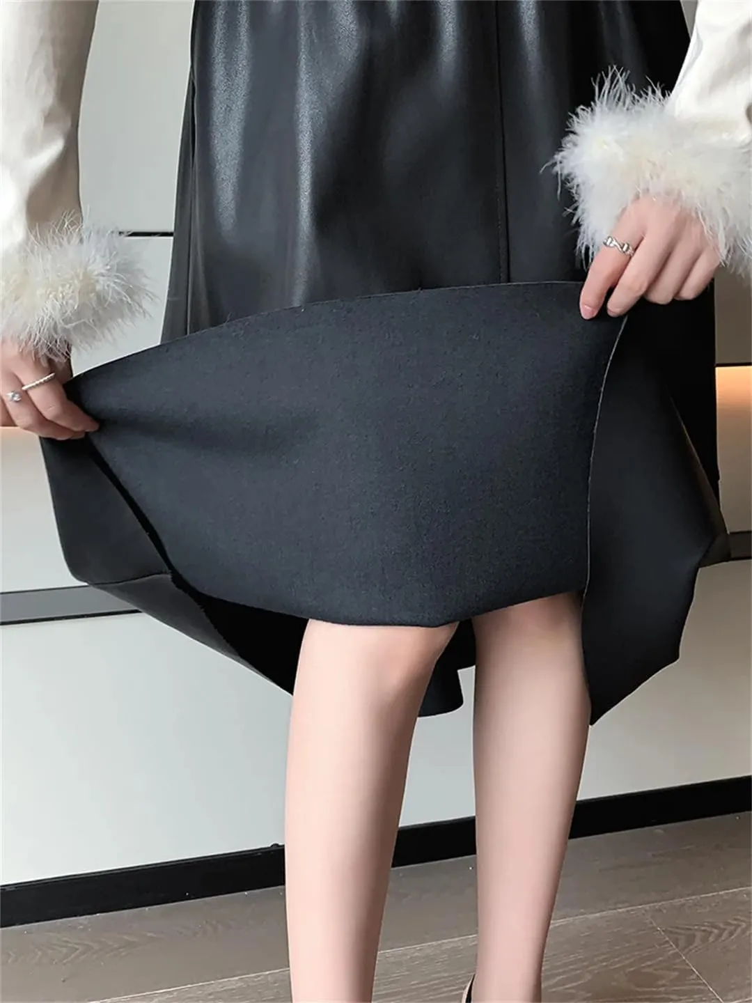 Women Elegant Soft PU Leather High Waist Loose Office Black Midi A-Line Skirts