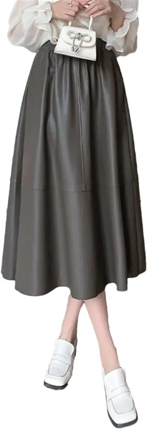 Women Elegant Soft PU Leather High Waist Loose Office Black Midi A-Line Skirts