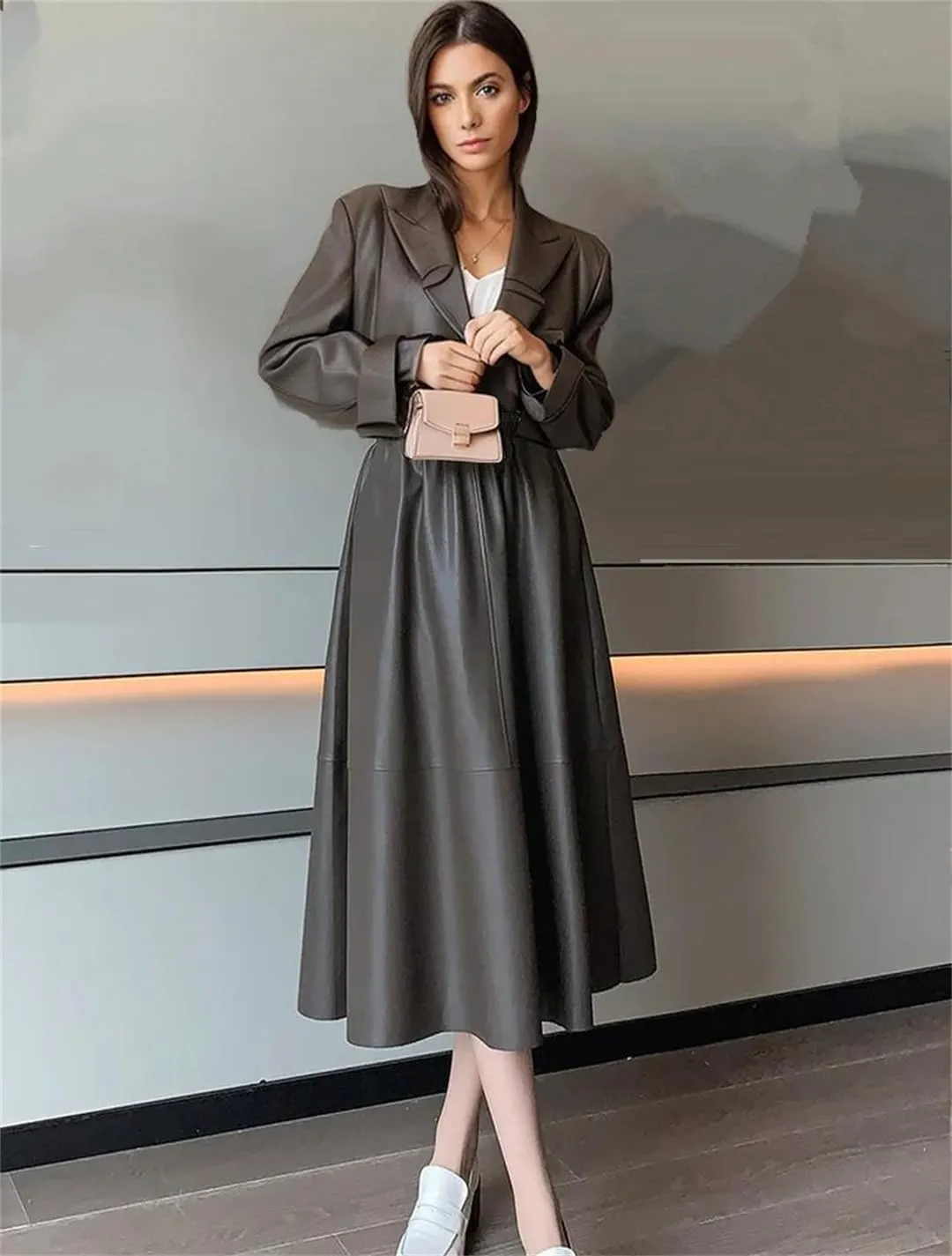 Women Elegant Soft PU Leather High Waist Loose Office Black Midi A-Line Skirts
