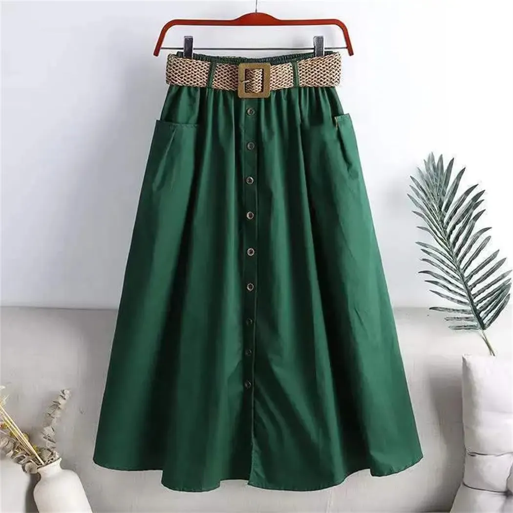 Women Fashion Summer Elastic High Waist Denim Skirt Button Pocket Slit Large A-Line Skirts