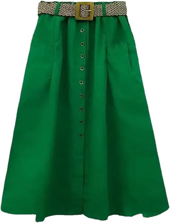 Women Fashion Summer Elastic High Waist Denim Skirt Button Pocket Slit Large A-Line Skirts