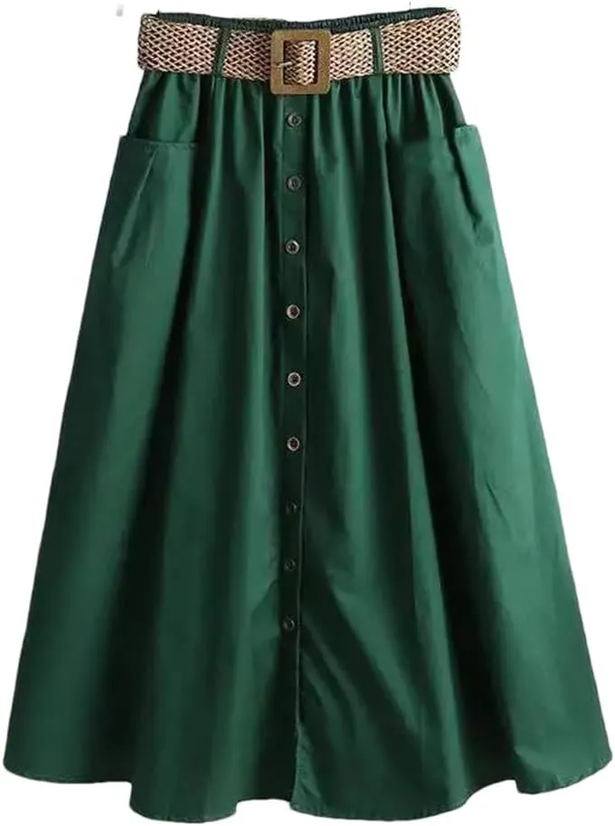Women Fashion Summer Elastic High Waist Denim Skirt Button Pocket Slit Large A-Line Skirts