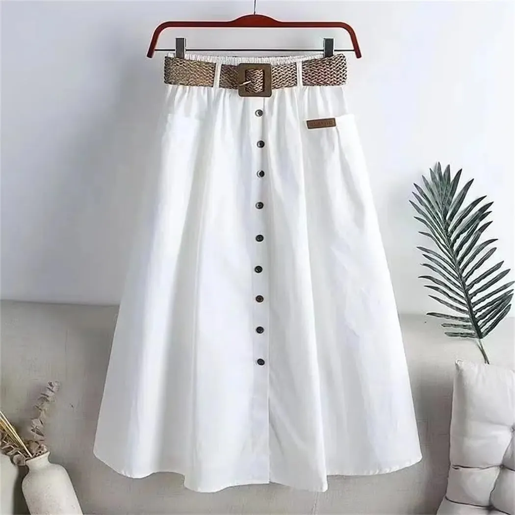Women Fashion Summer Elastic High Waist Denim Skirt Button Pocket Slit Large A-Line Skirts