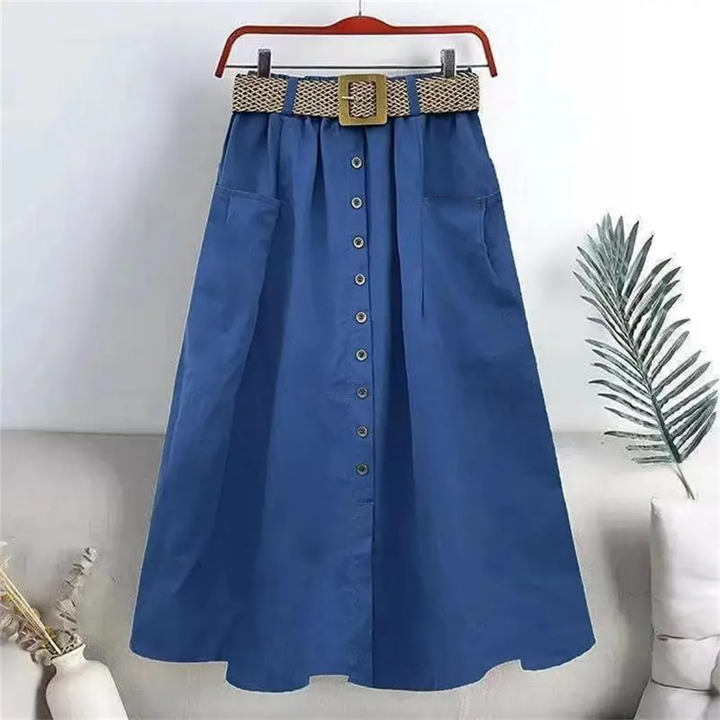 Women Fashion Summer Elastic High Waist Denim Skirt Button Pocket Slit Large A-Line Skirts