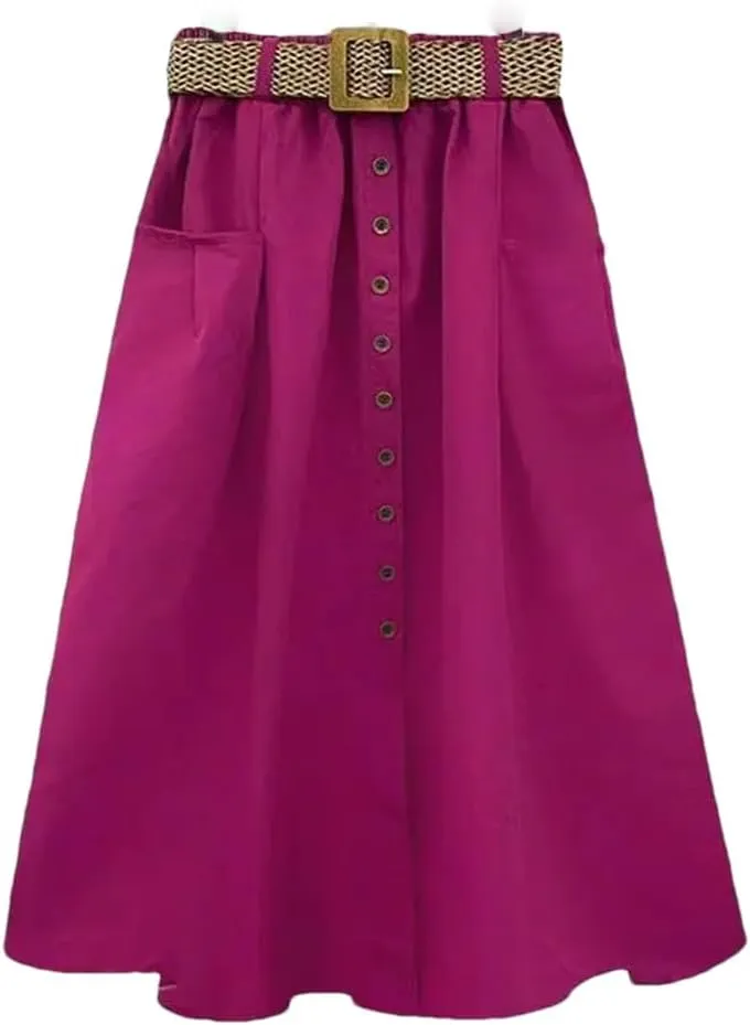 Women Fashion Summer Elastic High Waist Denim Skirt Button Pocket Slit Large A-Line Skirts
