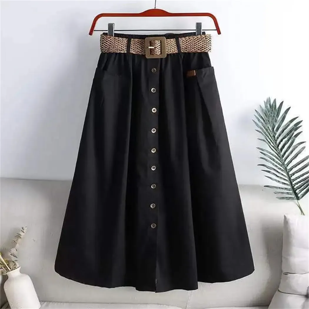 Women Fashion Summer Elastic High Waist Denim Skirt Button Pocket Slit Large A-Line Skirts