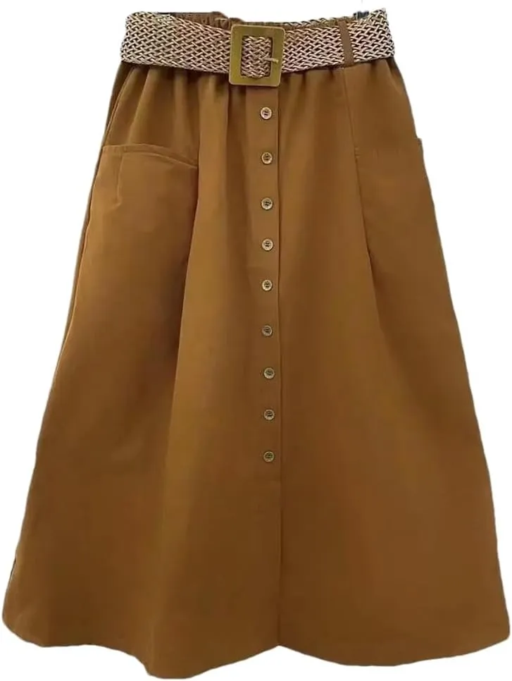 Women Fashion Summer Elastic High Waist Denim Skirt Button Pocket Slit Large A-Line Skirts