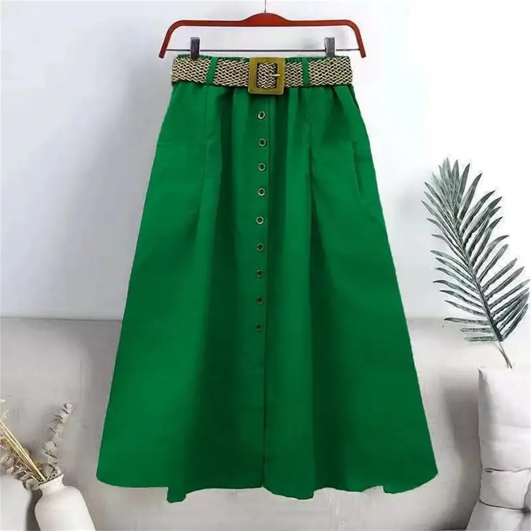 Women Fashion Summer Elastic High Waist Denim Skirt Button Pocket Slit Large A-Line Skirts
