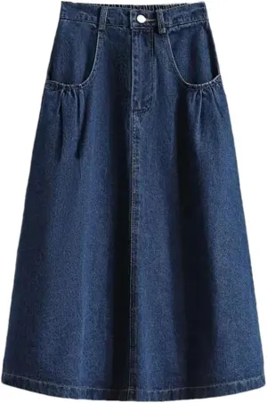 Women High Waist Denim Long Skirt Vintage Solid Color Loose Ladies Elegant A-Line Skirts
