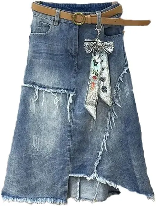 Women High Waist Midi Patchwork Denim Skirt with Pocket Casual Zipper A-Line Skirts