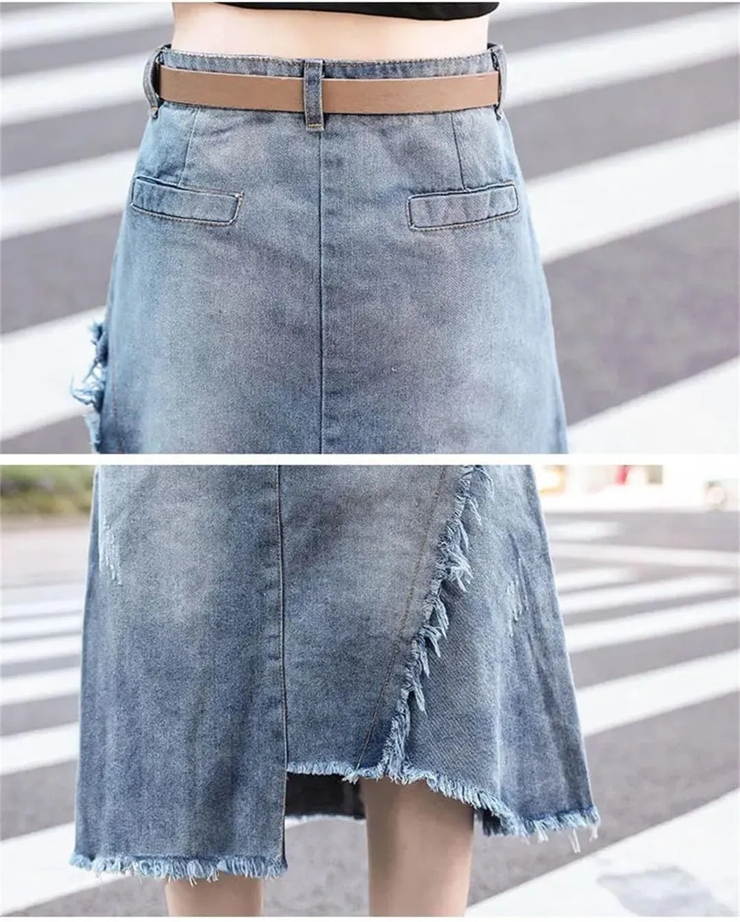 Women High Waist Midi Patchwork Denim Skirt with Pocket Casual Zipper A-Line Skirts