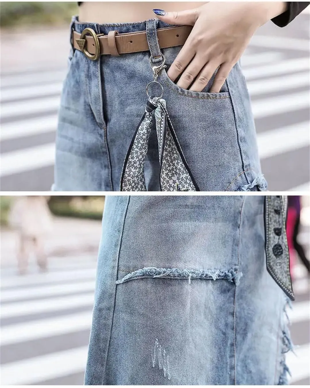 Women High Waist Midi Patchwork Denim Skirt with Pocket Casual Zipper A-Line Skirts