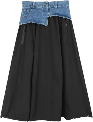 Women Irregular Spliced with Pocket Denim Skirt High Elastic Waist Casual A-Line Skirts