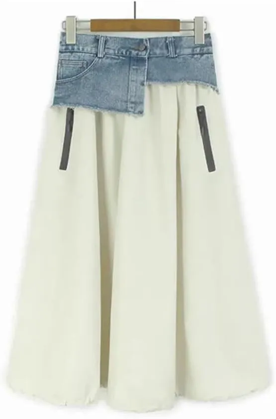 Women Irregular Spliced with Pocket Denim Skirt High Elastic Waist Casual A-Line Skirts