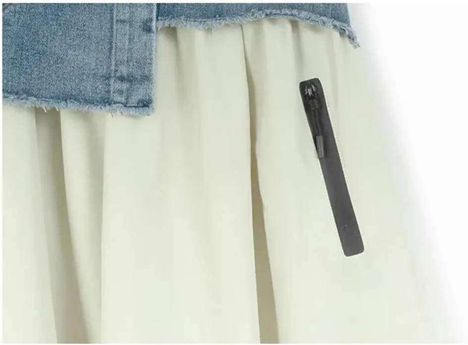 Women Irregular Spliced with Pocket Denim Skirt High Elastic Waist Casual A-Line Skirts