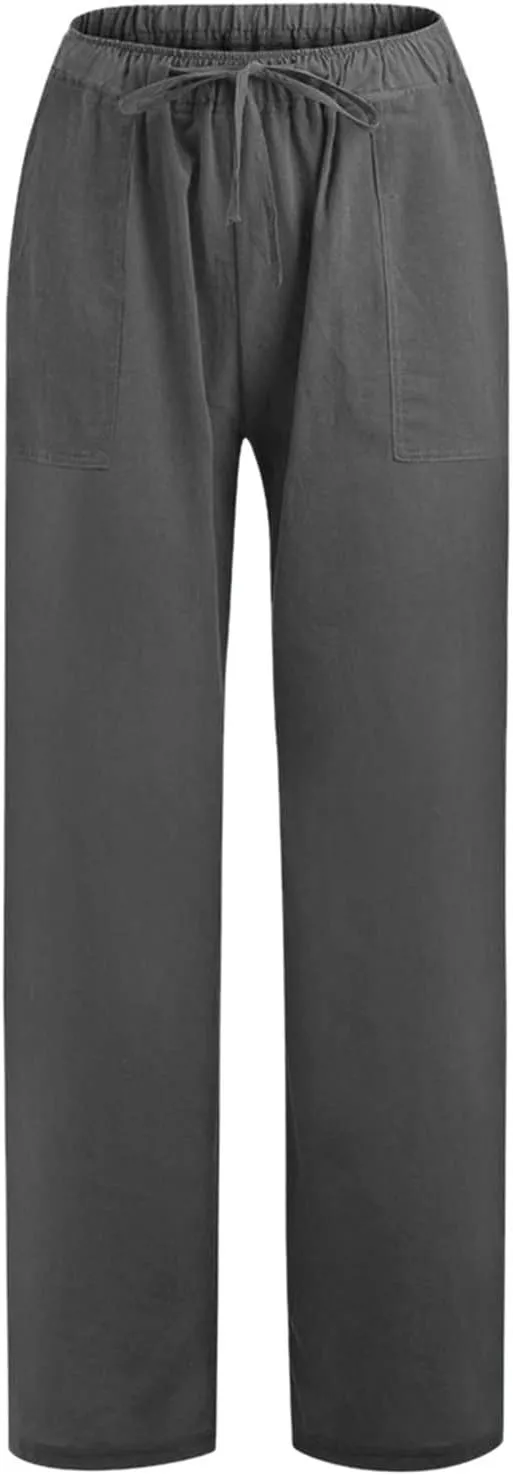 Women Linen Pants Dressy Casual Straight Leg High Elastic Waist Beach Trousers Trendy Drawstring Relaxed Fit Pant with Pocket