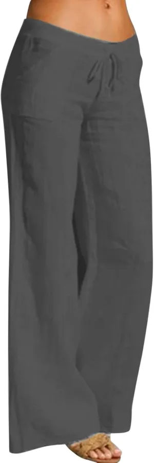 Women Linen Pants Dressy Casual Straight Leg High Elastic Waist Beach Trousers Trendy Drawstring Relaxed Fit Pant with Pocket