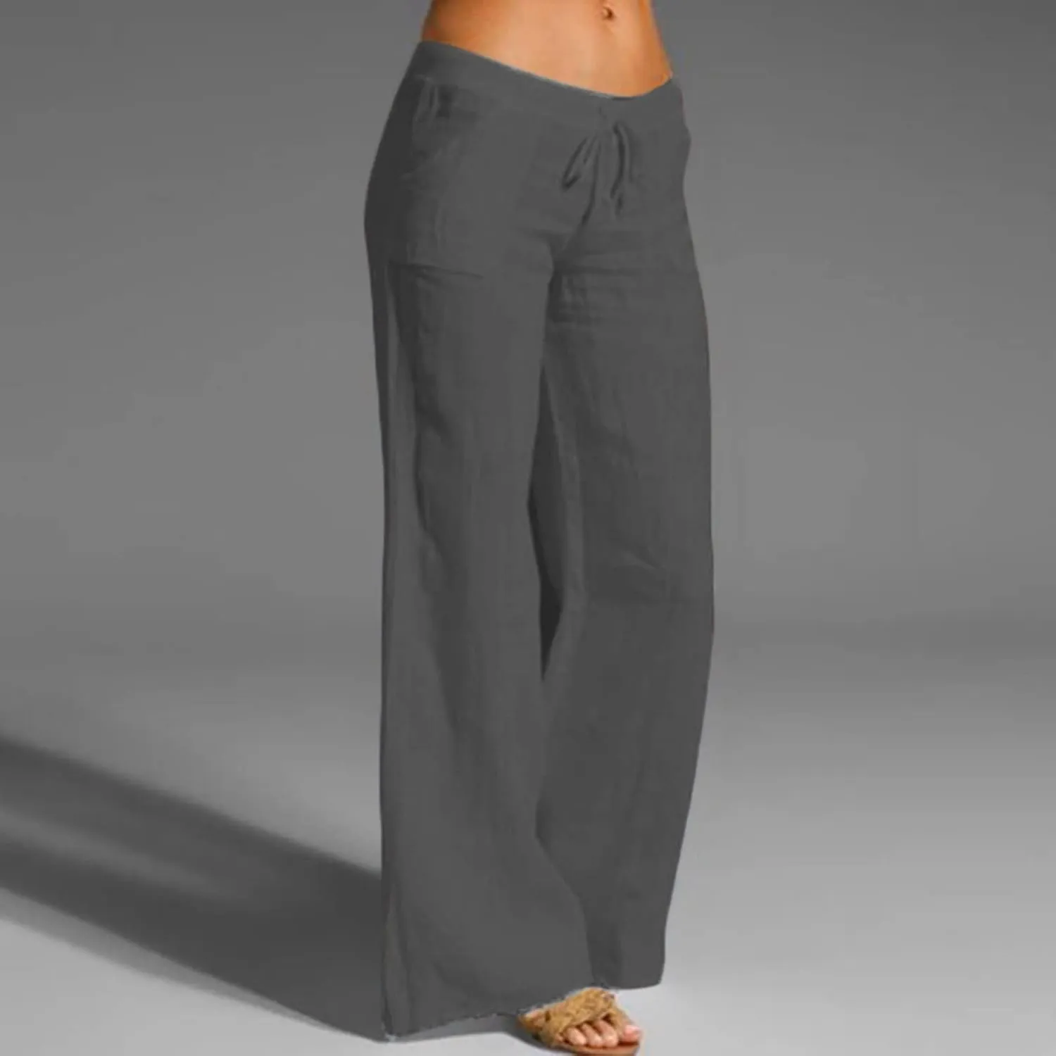 Women Linen Pants Dressy Casual Straight Leg High Elastic Waist Beach Trousers Trendy Drawstring Relaxed Fit Pant with Pocket