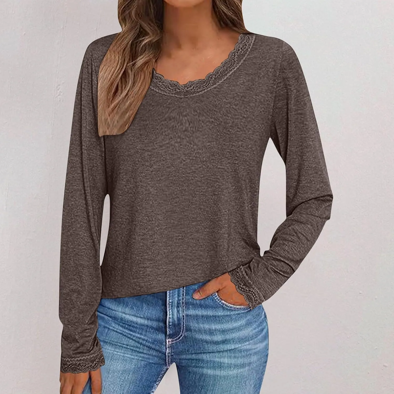 Women Long Sleeve T Shirts Fashion Lace Trim V Neck Tops Comfy Basic Tee Casual Lightweight Loose Plain Pullover Blouse