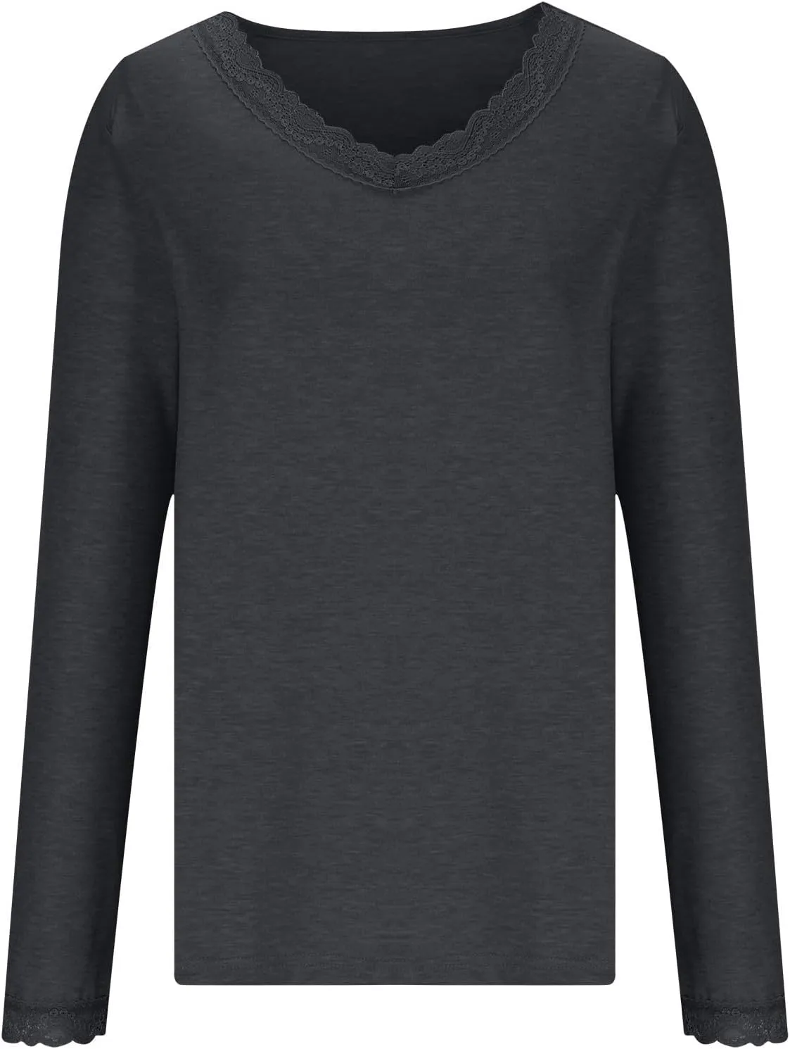 Women Long Sleeve T Shirts Fashion Lace Trim V Neck Tops Comfy Basic Tee Casual Lightweight Loose Plain Pullover Blouse
