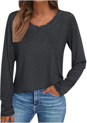 Women Long Sleeve T Shirts Fashion Lace Trim V Neck Tops Comfy Basic Tee Casual Lightweight Loose Plain Pullover Blouse