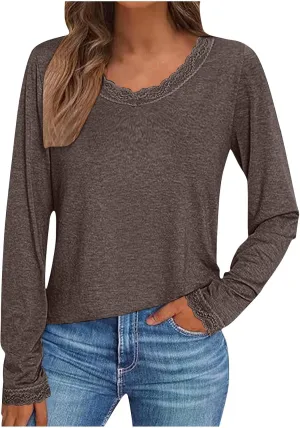 Women Long Sleeve T Shirts Fashion Lace Trim V Neck Tops Comfy Basic Tee Casual Lightweight Loose Plain Pullover Blouse