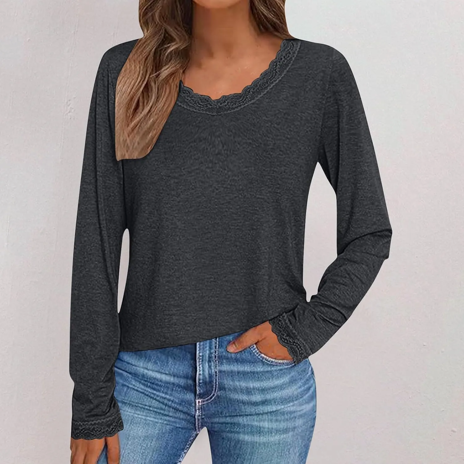 Women Long Sleeve T Shirts Fashion Lace Trim V Neck Tops Comfy Basic Tee Casual Lightweight Loose Plain Pullover Blouse