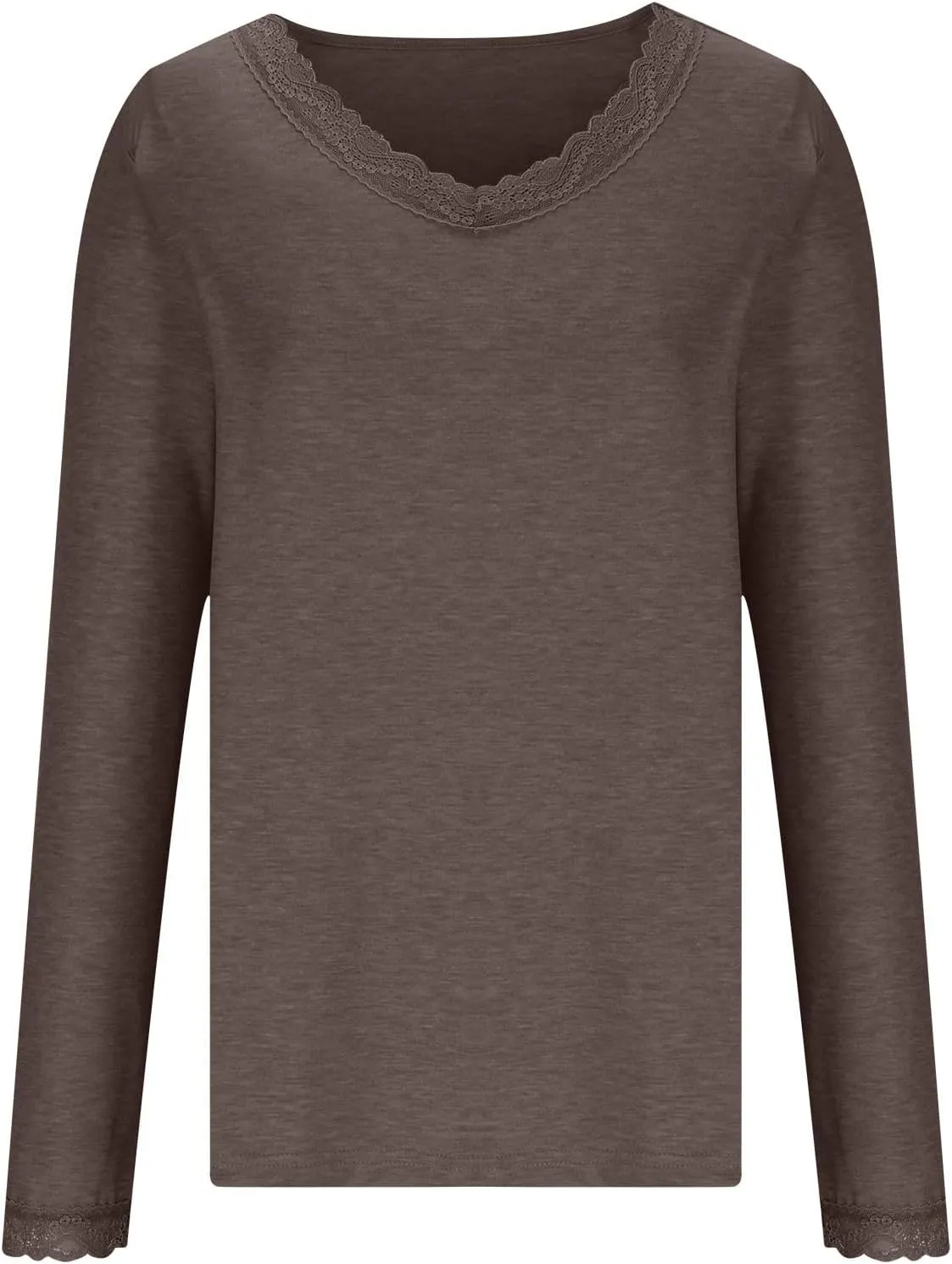 Women Long Sleeve T Shirts Fashion Lace Trim V Neck Tops Comfy Basic Tee Casual Lightweight Loose Plain Pullover Blouse