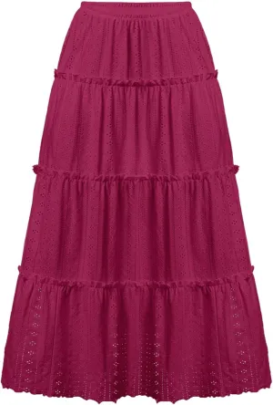 Women Midi Skirts Hollow Out Elastic High Waisted Tiered Eyelet Layered Casual Flowy Smocked Solid Color Skirt