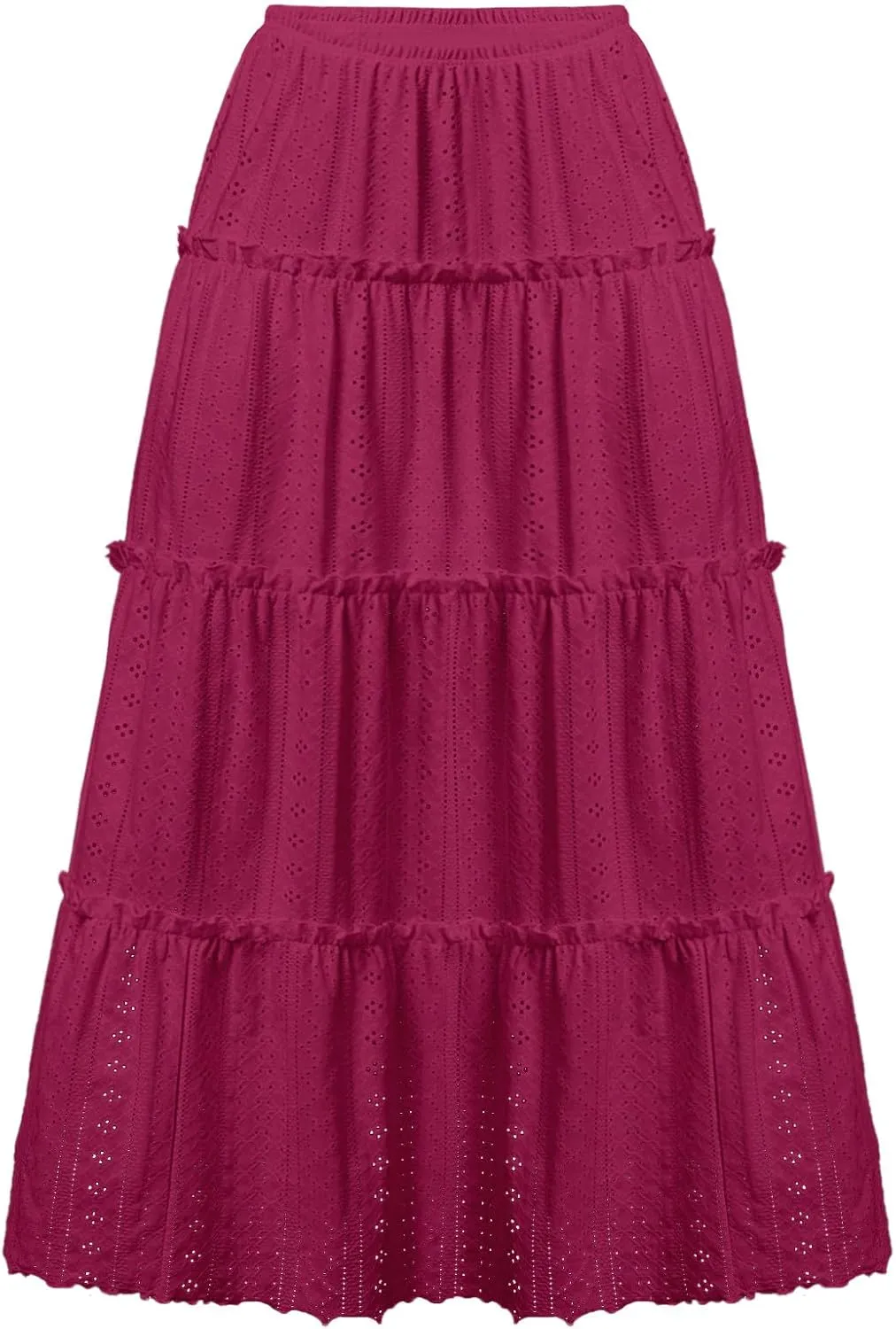 Women Midi Skirts Hollow Out Elastic High Waisted Tiered Eyelet Layered Casual Flowy Smocked Solid Color Skirt