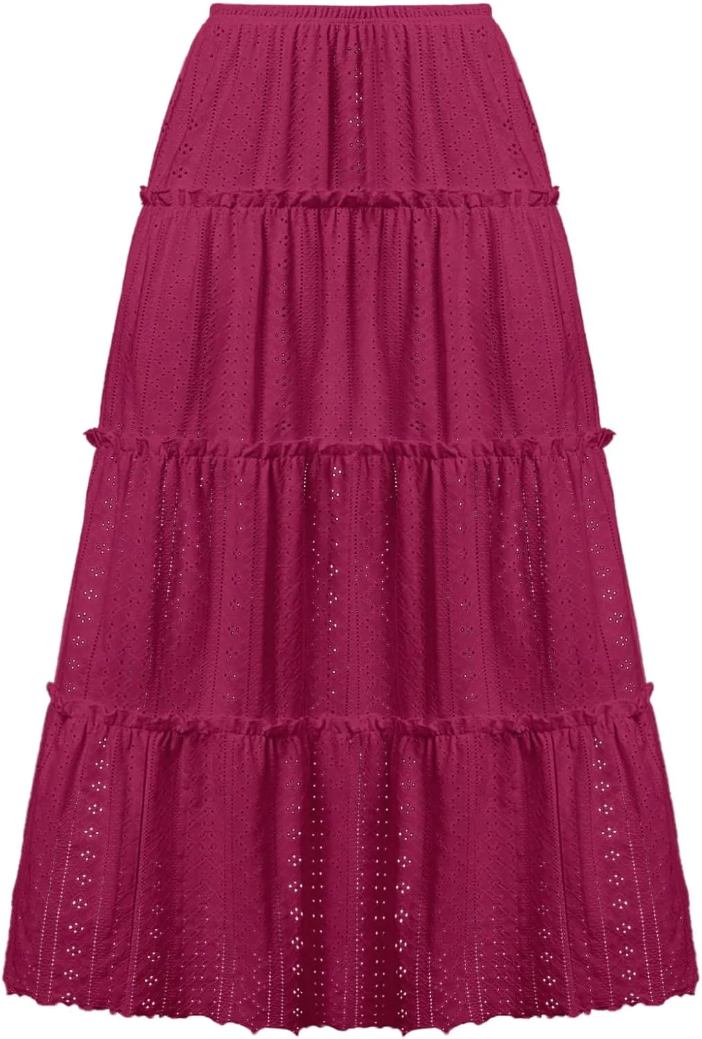 Women Midi Skirts Hollow Out Elastic High Waisted Tiered Eyelet Layered Casual Flowy Smocked Solid Color Skirt