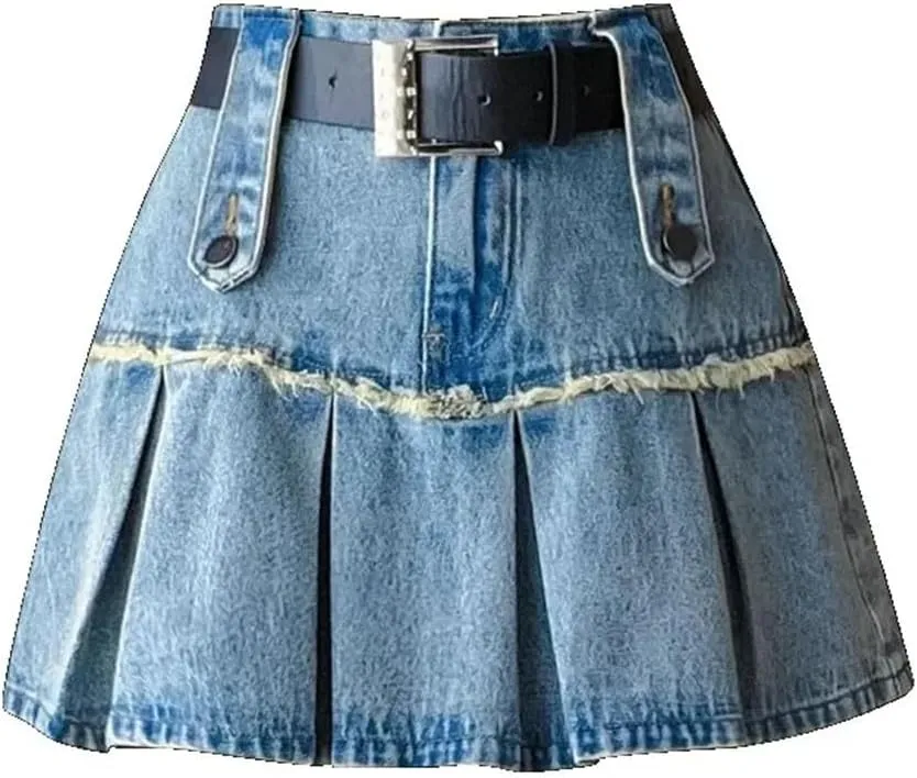 Women Mini Skirt Anti-Emptied High Waist Denim Solid Color Belt Pleated A-Line Skirts
