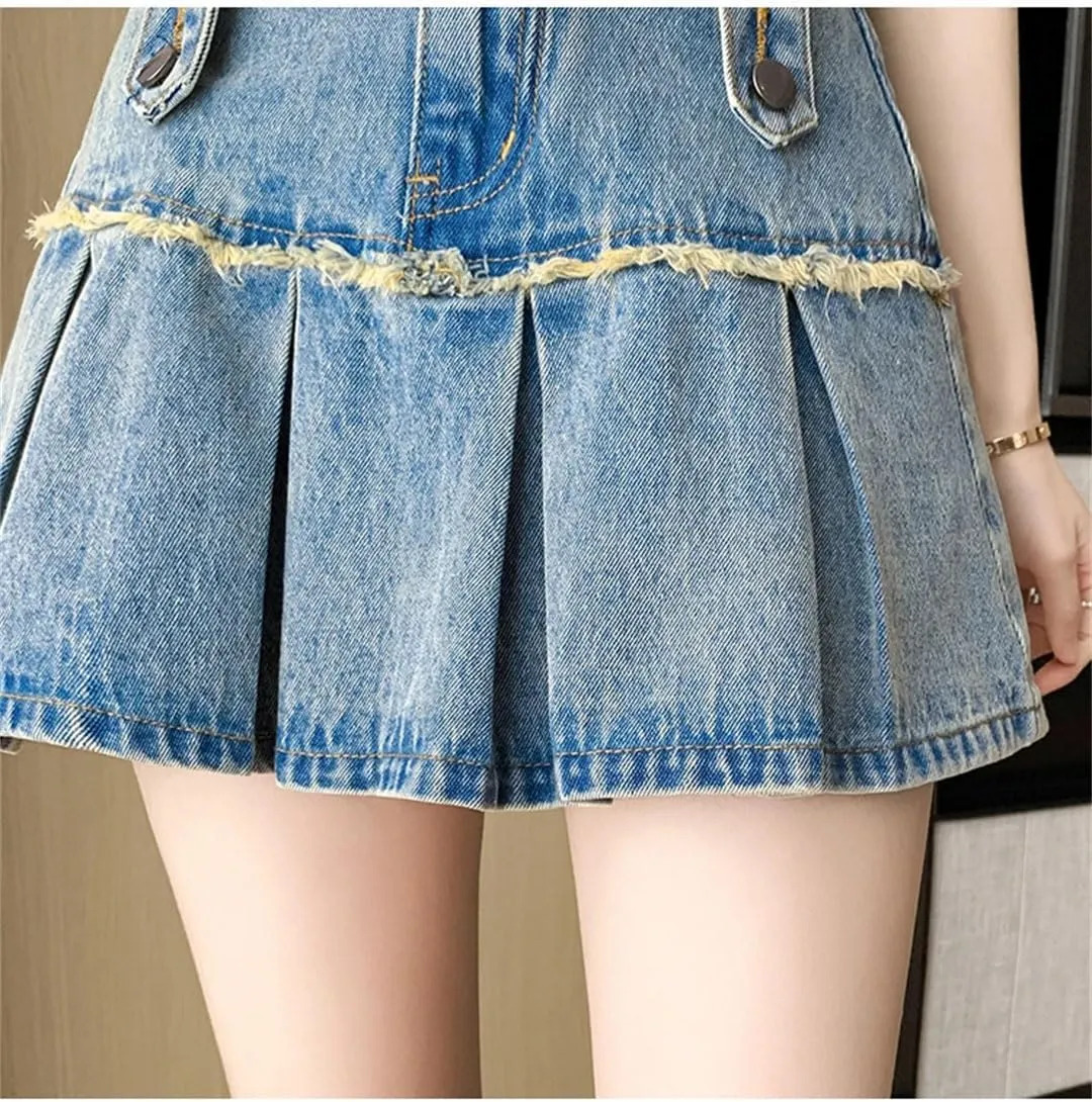 Women Mini Skirt Anti-Emptied High Waist Denim Solid Color Belt Pleated A-Line Skirts