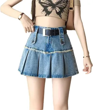 Women Mini Skirt Anti-Emptied High Waist Denim Solid Color Belt Pleated A-Line Skirts