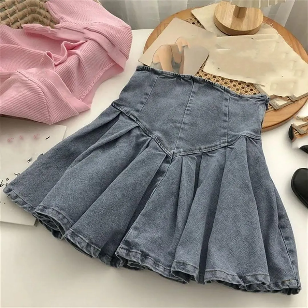 Women Mini Vintage Fashion Casual Pleated Denim Skirts