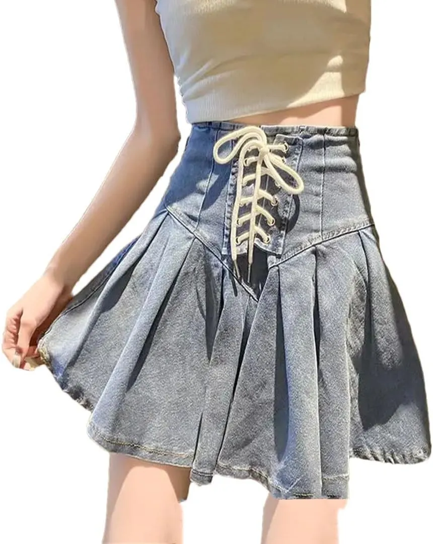Women Mini Vintage Fashion Casual Pleated Denim Skirts