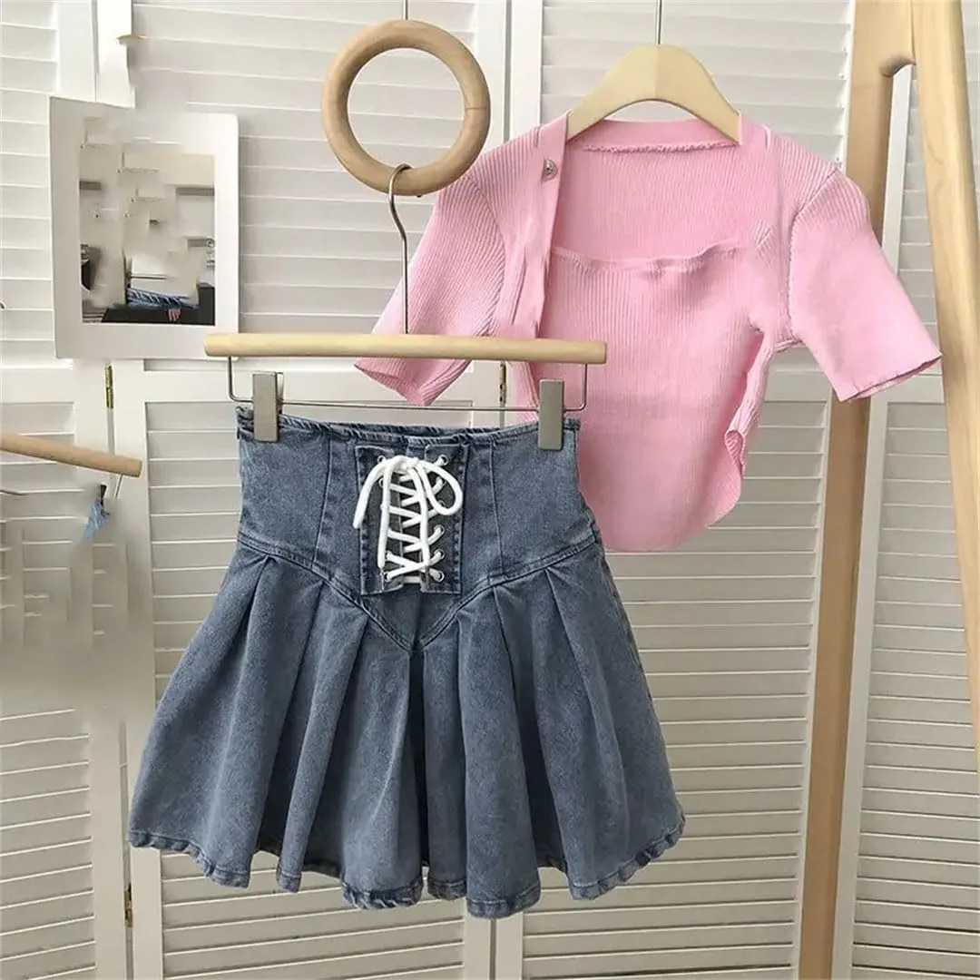 Women Mini Vintage Fashion Casual Pleated Denim Skirts