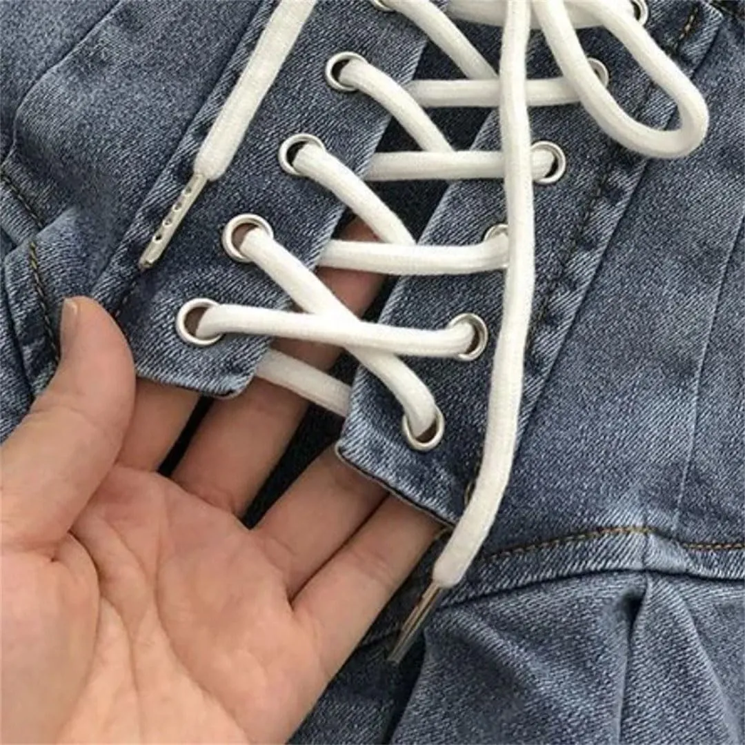 Women Mini Vintage Fashion Casual Pleated Denim Skirts