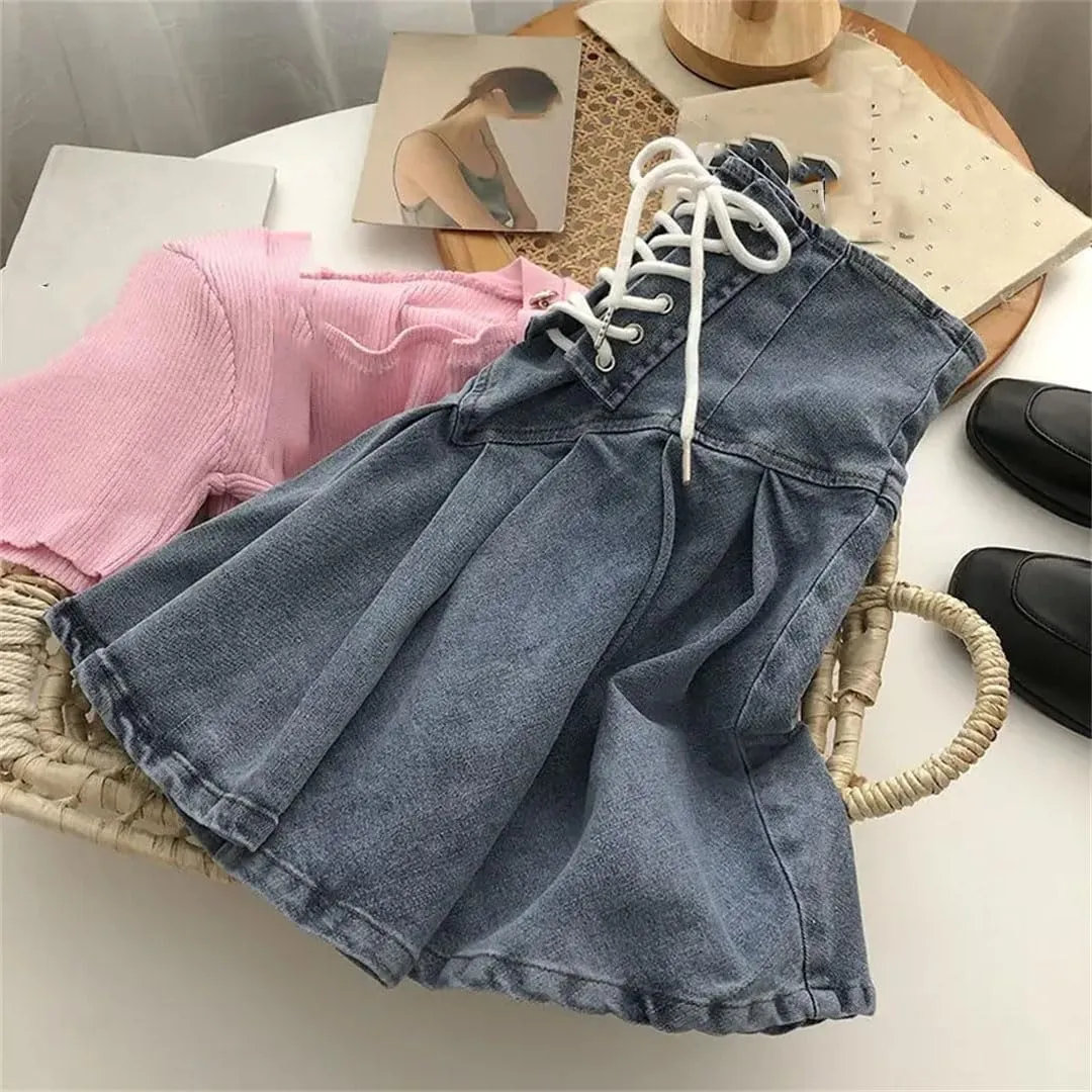 Women Mini Vintage Fashion Casual Pleated Denim Skirts