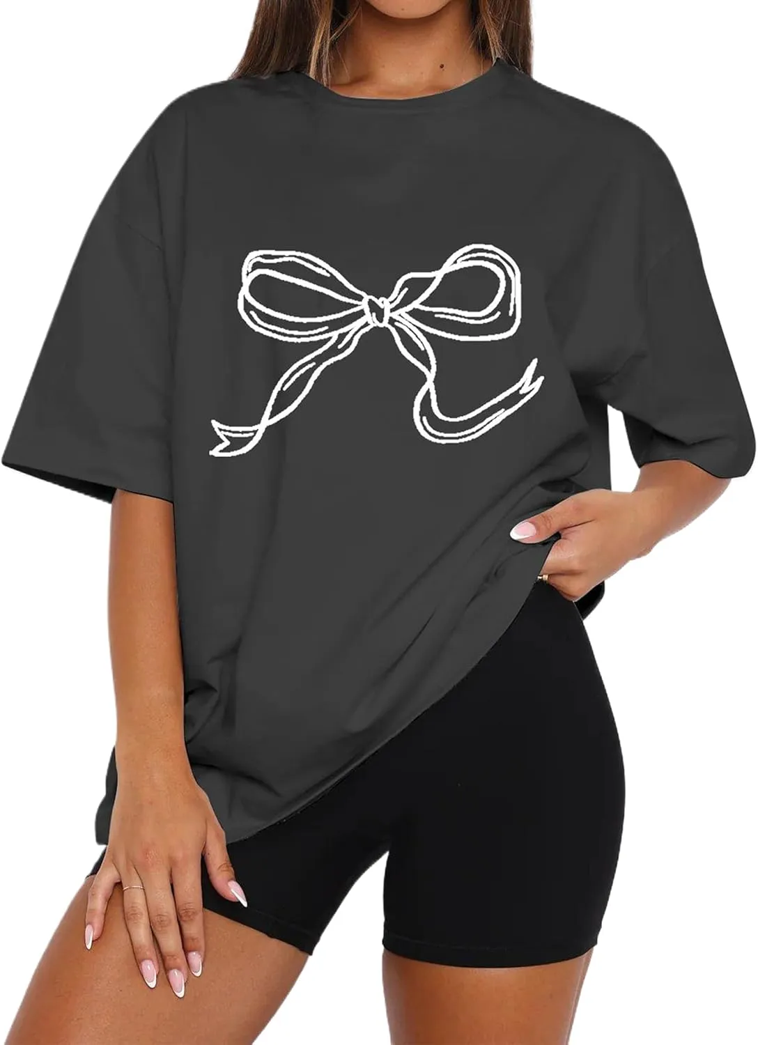 Women Oversized Bow T Shirts Short Sleeve Crewneck Graphic Tee Shirts Cute Bow Shirts Casual Basic Aesthetic Tee Tops