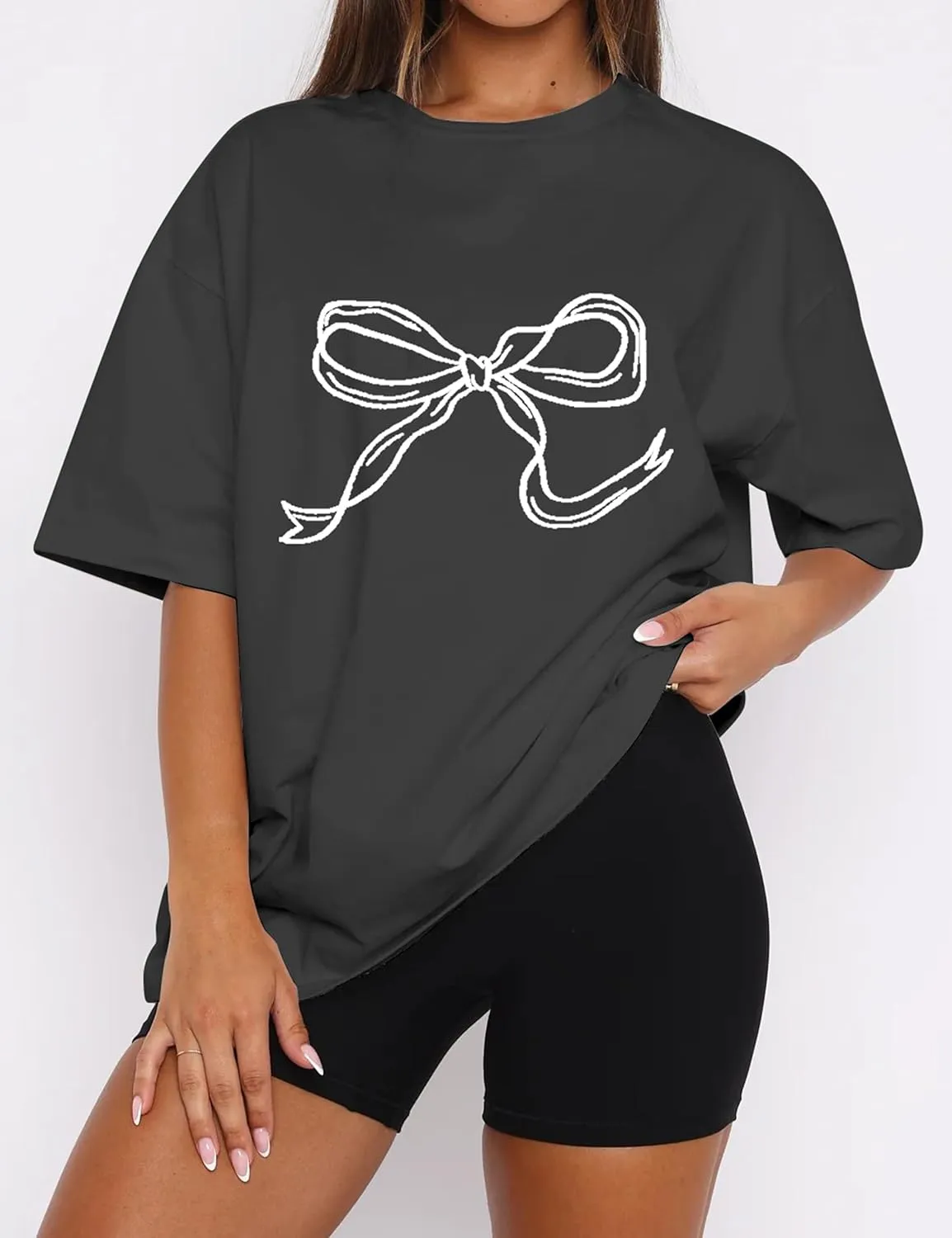Women Oversized Bow T Shirts Short Sleeve Crewneck Graphic Tee Shirts Cute Bow Shirts Casual Basic Aesthetic Tee Tops