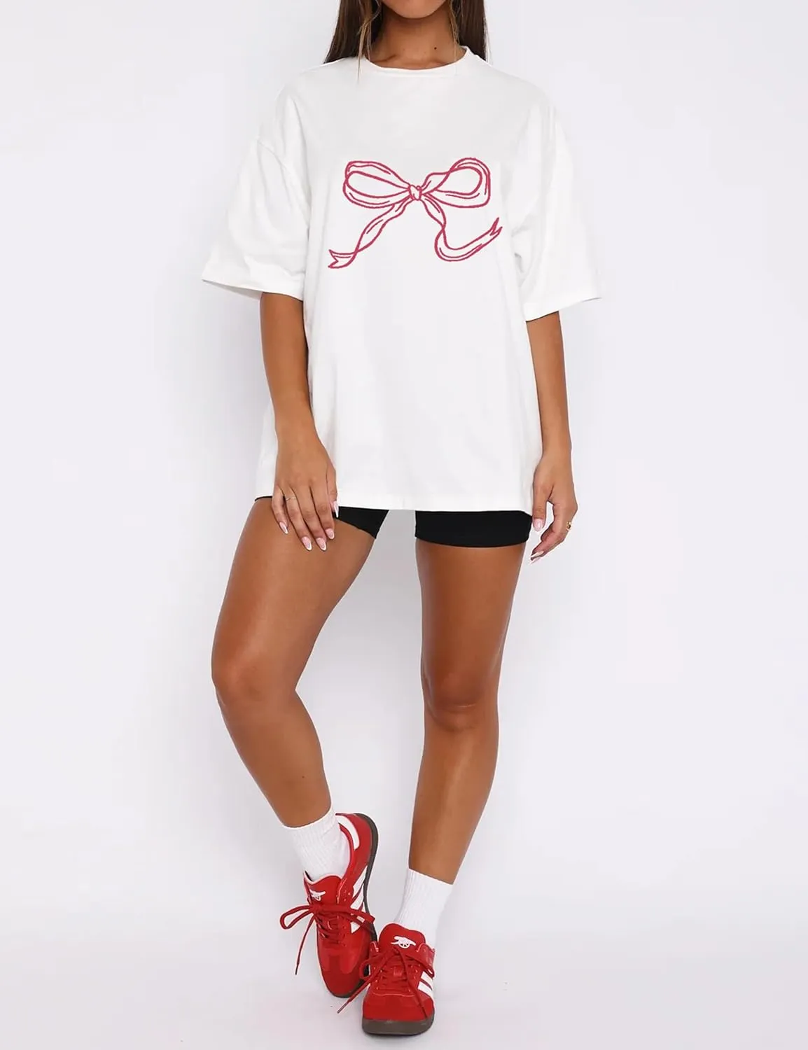 Women Oversized Bow T Shirts Short Sleeve Crewneck Graphic Tee Shirts Cute Bow Shirts Casual Basic Aesthetic Tee Tops