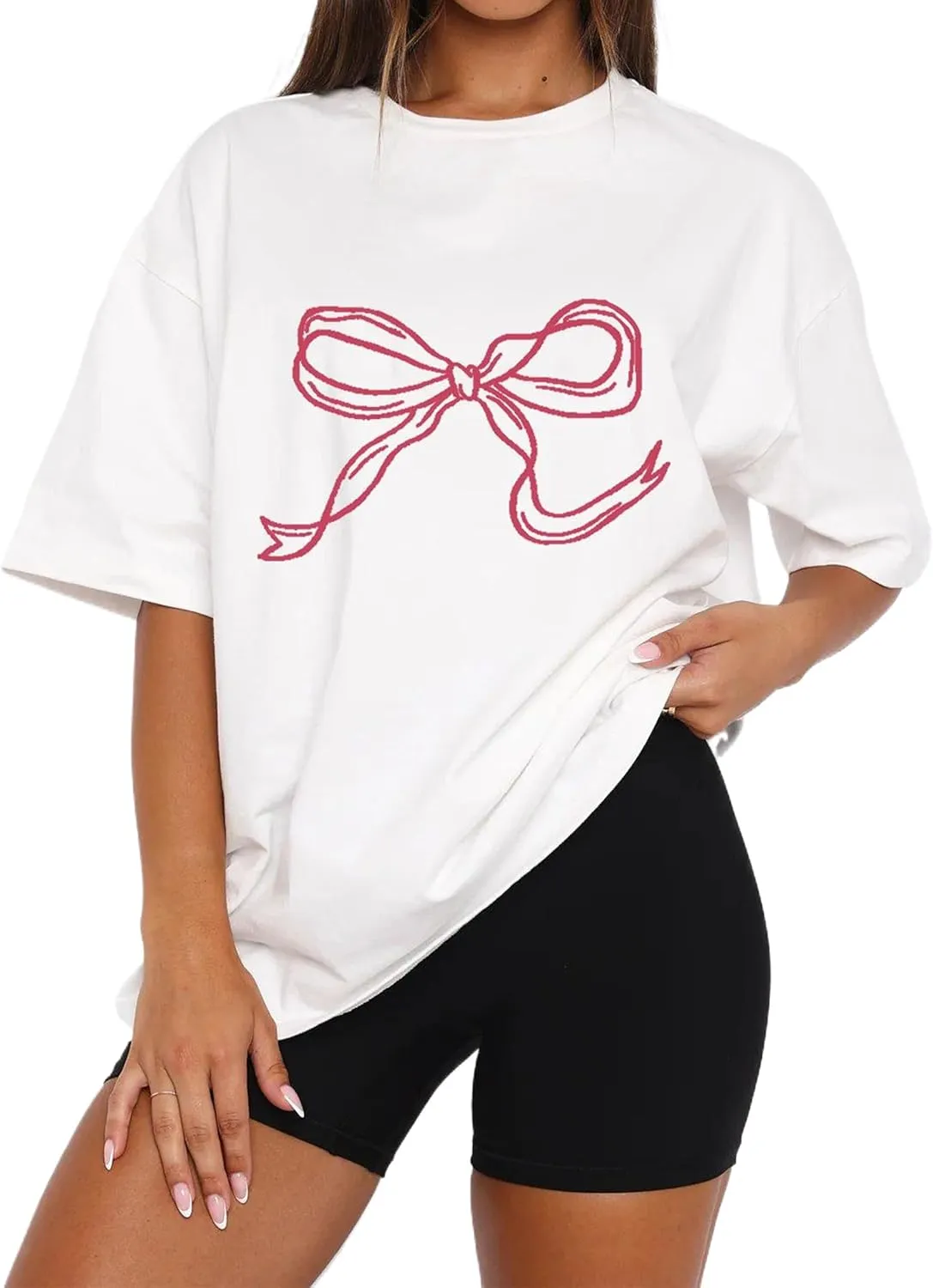 Women Oversized Bow T Shirts Short Sleeve Crewneck Graphic Tee Shirts Cute Bow Shirts Casual Basic Aesthetic Tee Tops