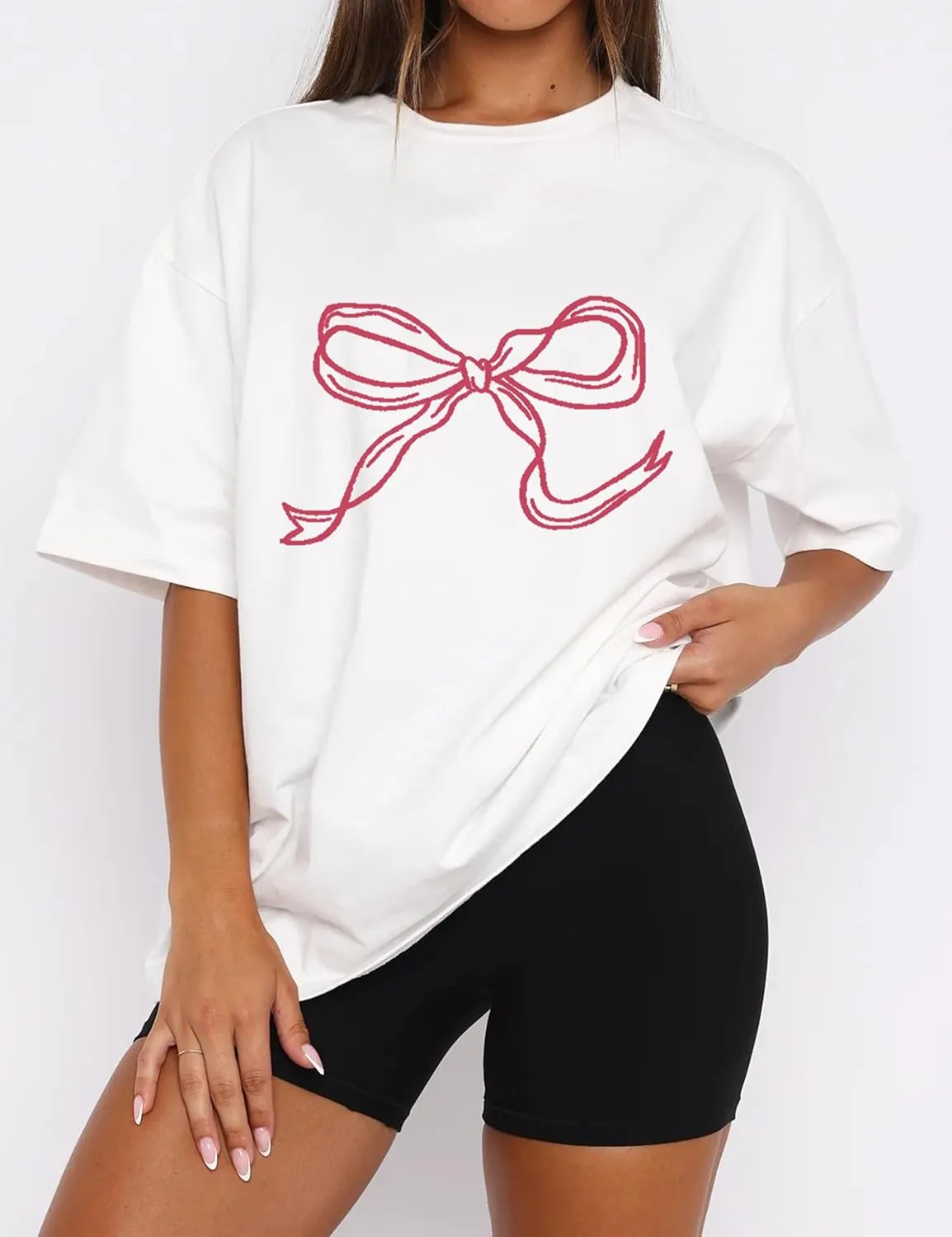 Women Oversized Bow T Shirts Short Sleeve Crewneck Graphic Tee Shirts Cute Bow Shirts Casual Basic Aesthetic Tee Tops