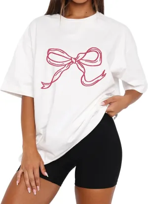 Women Oversized Bow T Shirts Short Sleeve Crewneck Graphic Tee Shirts Cute Bow Shirts Casual Basic Aesthetic Tee Tops